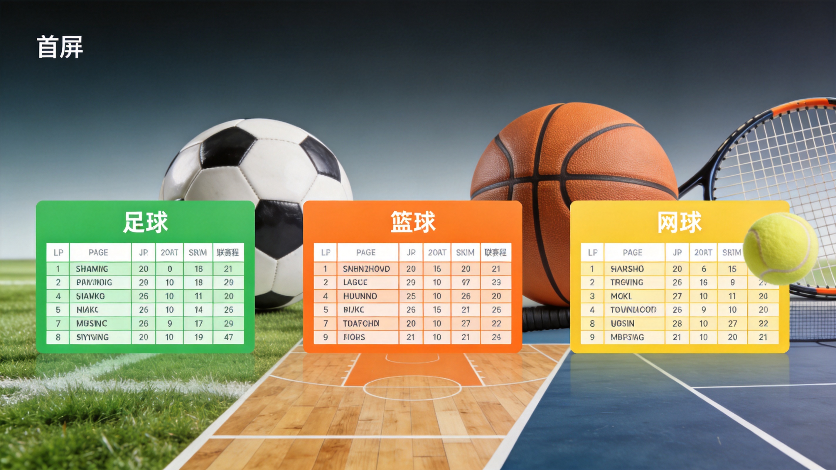 资讯方向模块配图：足球、篮球、网球三大项目资讯与赛程信息的内容布局示意